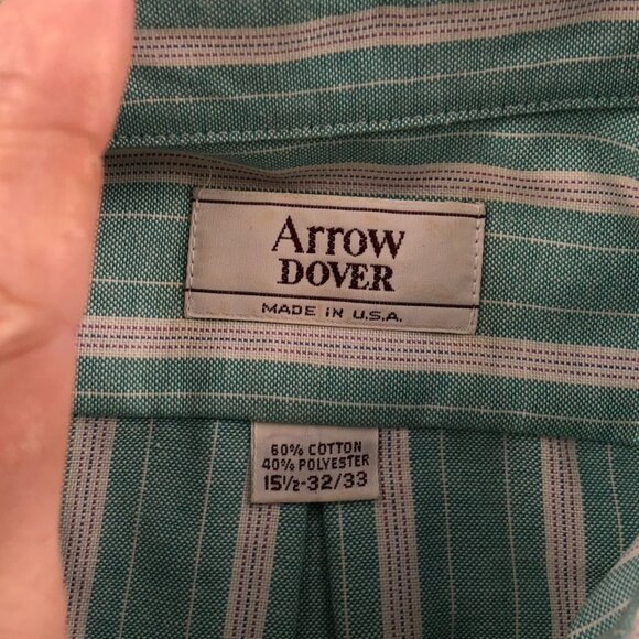 Arrow Dover Men Dress Shirt Size 15.5 Neck Green Pinstriped Button Down Workwear - Picture 3 of 8
